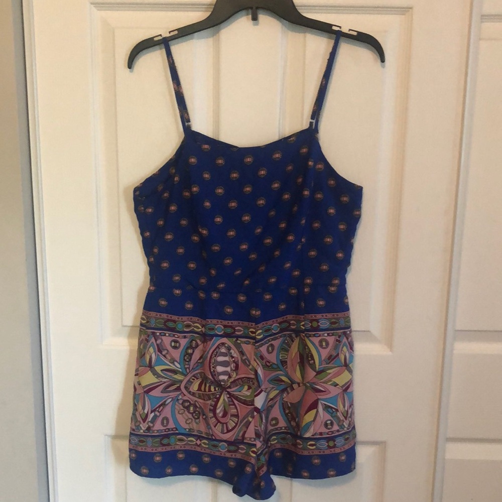 SAGE Royal Blue and Pink Flower Pattern Sleeveless Shorts Romper Girl's Large